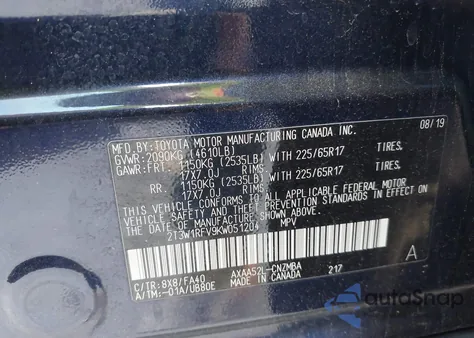 2019 Toyota Rav4 Xle z USA, uszkodzony, nr VIN 2T3W1RFV9KW051204